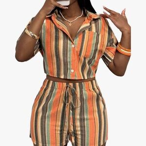 Striped Button-Up Crop Top and Shorts Set